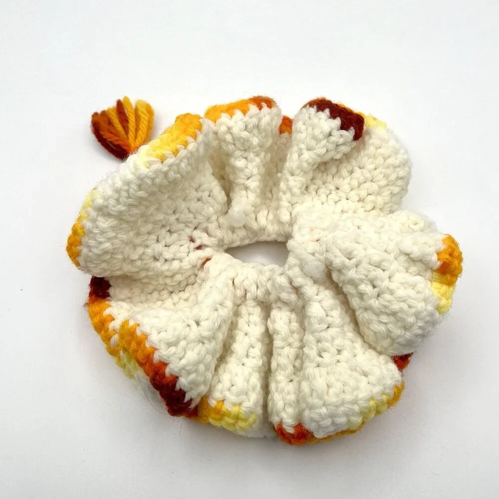 Vintage Handmade Crochet Mid Century Scrunchie Cream Autumn Retro Boho Cottage